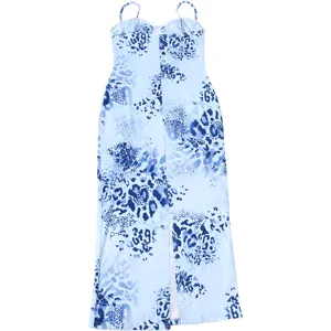 Blue leopard print spaghetti strap detail showing sleeveless slim fit bodycon dress design.