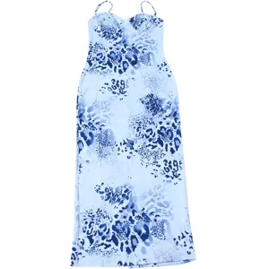 Detailed view of the blue print slim sleeveless spaghetti strap dress for summer style.