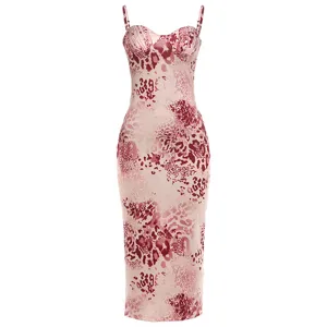 Detail shot of the pink abstract leopard print sleeveless bodycon dress silhouette fabric.