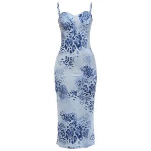 Blue leopard print slip dress, sexy sleeveless midi bodycon dress for women summer.