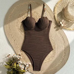 Costume da bagno intero marrone con motivo a onde coppe conchiglia e perline mare estate