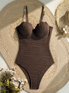 Costume da bagno intero marrone rétro con coppe a conchiglia e spalline con perline
