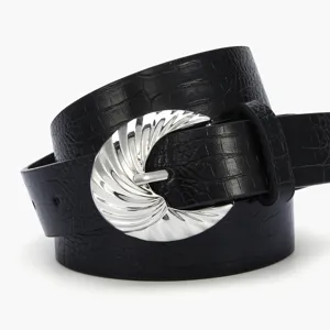 Women fashion crocodile pattern black belt with stylish silver metallic buckle for casual jeans