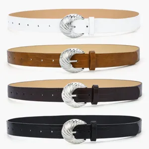 Women fashion crocodile pattern leather belt set with elegant silver metallic buckle main view