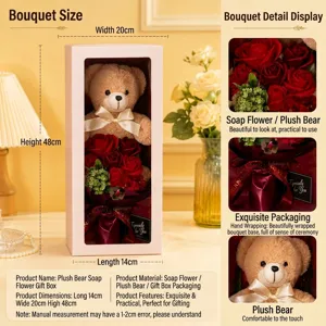 Close-up detail of romantic soap rose flowers and cute teddy bear inside gift box.