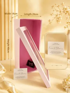 Pink rectangular gift box detail, featuring a transparent window and card slot for flowers.