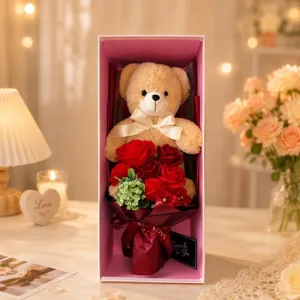 Teddy bear soap flower gift box, romantic rose bouquet present for Valentine's Day and birthdays.