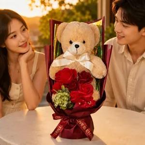 Romantic teddy bear rose soap flower bouquet detail view for Valentine's Day gift