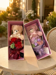 Teddy bear plush rose soap flower gift box for Valentine's Day and romantic birthday parties.