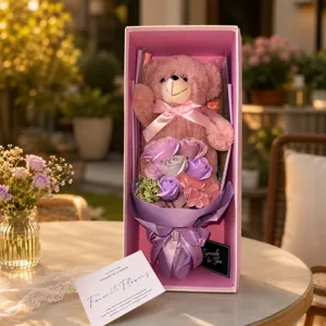 Romantic teddy bear plush doll soap rose flower gift box for Valentine day present surprise.