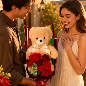 Romantic teddy bear rose soap flower bouquet gift for Valentine's Day and birthday.