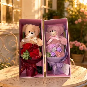 Valentine gift box set with cute teddy bear and artificial soap rose bouquet for women.