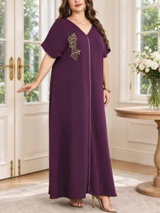 Plus size long robe for women, summer V-neck short sleeve dress with elegant leaf embroidery details.