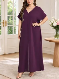 Elegant plus size purple maxi dress featuring delicate leaf embroidery and V-neck for summer.