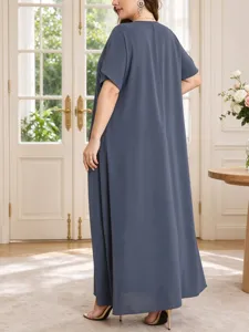 Plus size summer loose solid color maxi dress elegant casual short sleeve V-neck long dress
