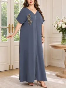 Plus size women summer v-neck leaf embroidery loose short sleeve maxi dress casual robe
