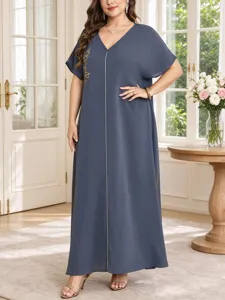 Plus size V-neck maxi dress with leaf embroidery, loose short sleeve casual long robe summer.