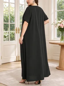 Plus size black maxi dress for women, casual loose short sleeve summer long robe apparel.