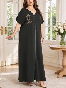 Plus size women summer V-neck leaf embroidery short sleeve black loose casual long maxi dress