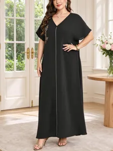 Plus size V-neck black maxi dress with gold leaf embroidery and short sleeves for summer detailing.