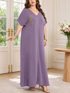 Plus size women summer V-neck loose leaf embroidery purple long robe casual dress.