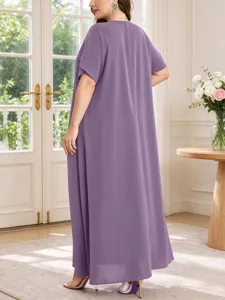 Plus size summer casual loose solid color short sleeve maxi dress elegant long kaftan gown