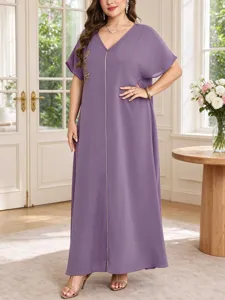Plus size women's summer V-neck leaf embroidery loose short sleeve long robe dress elegant