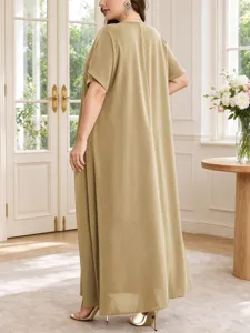 Plus size summer loose casual short sleeve V-neck long maxi dress for women elegant.