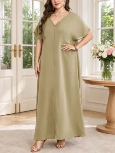 Detailed view of women summer V-neck olive green robe with elegant gold leaf embroidery.