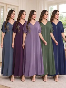 Women Plus Size V Neck Short Sleeve Loose Long Dress Casual Solid Color Leaf Embroidered Elegant Maxi Dress
