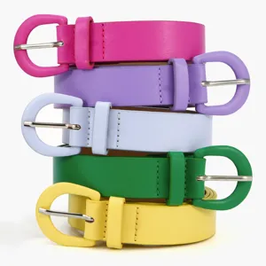 Candy color leather belt set for women, stylish stacked design with round metal buckle.