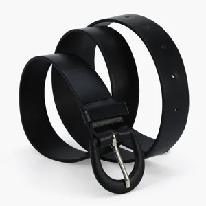 Classic black leather belt for women with round metal buckle, versatile daily waist accessory