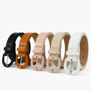 Set of 5 candy color women thin leather belts with round buckles for dresses and jeans.