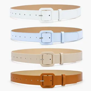 Women fashion PU leather belt with square covered buckle candy color minimalist versatile waist belt