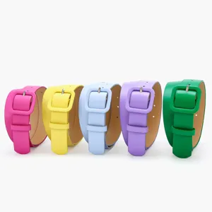 Candy color women leather belt with square buckle set of multi color options for dress jeans.