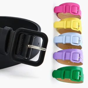 Women square buckle candy color leather belt stylish minimalist dress jeans wide waist strap