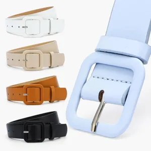 Women chic candy color leather belt with square wrapped buckle versatile for dress jeans.
