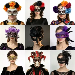 Detailed view of Mexican Day of the Dead flower masks and masquerade skull half face masks.