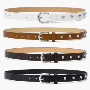 Women Heart Rivet Belt Crocodile Pattern Skinny Leather Belt Fashion Casual Metal Pin Buckle Decorative Waist Belt