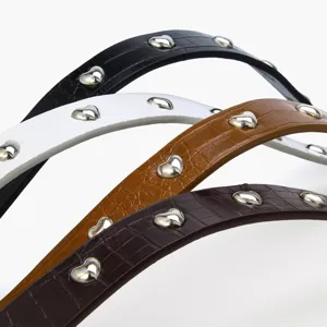 Women fashion thin waist belt with crocodile texture and cute metal heart rivets daily wear.