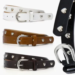 Women's Crocodile Pattern Leather Belt with Heart Rivets Fashion Simple Thin Waistband
