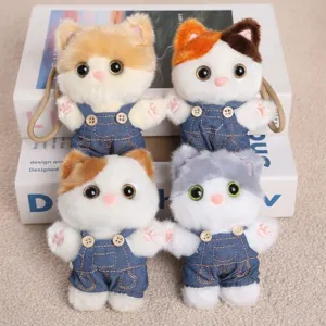 Cute Cartoon Cat Plush Toy Pendant Stuffed Animal Doll With Denim Overalls Bag Hanging Ornament Keychain Kids Gift