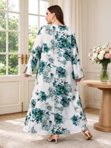 Plus size autumn women's long sleeve floral print maxi dress with elegant gold line details