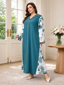 Plus size women long sleeve patchwork floral print kaftan elegant V-neck maxi dress