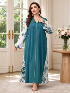 Plus size floral spliced long dress, elegant gold trim V-neck long sleeve casual caftan gown