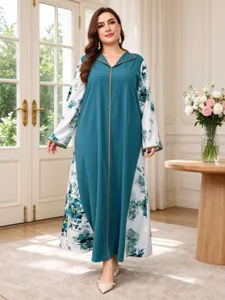 Details of the elegant plus-size floral spliced long robe featuring a gold-trimmed V-neck.