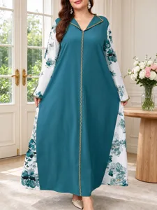 Plus size autumn women spliced print long robe luxury gold thread V-neck long sleeve loose dress
