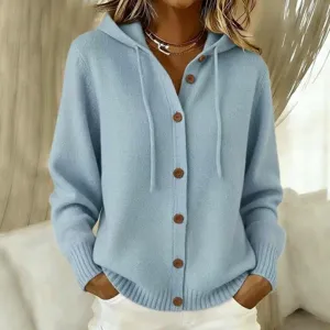 Women Loose Hooded Knitted Cardigan Sweater Jacket Button Solid Color Casual Long Sleeve Autumn Winter Knitwear Outwear Top