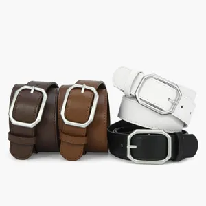 Ceinture femme cuir PU avec boucle octogonale argentée, accessoire de mode pour jean vue principale.