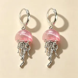 Silver-toned pink jellyfish dangle earrings, sweet summer ocean style fashion jewelry.